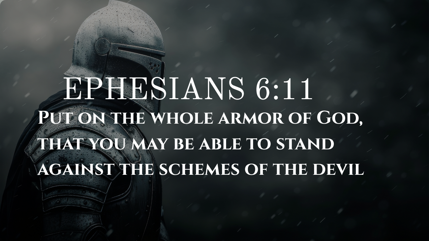 A bible quote with a warrior in the background clothed in armour.